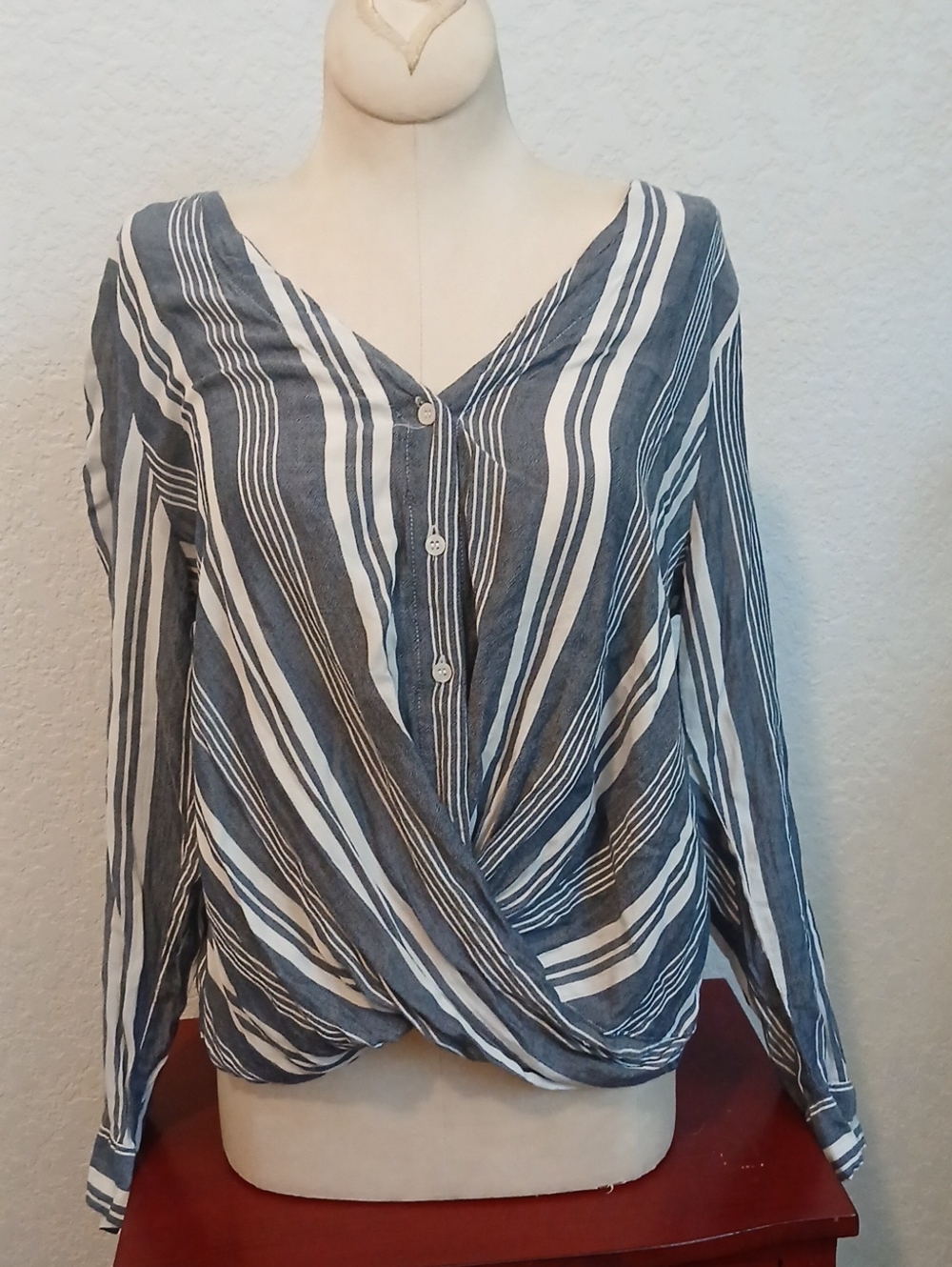 a.n.a Striped Wrap V-Neck Blouse - Gray & White